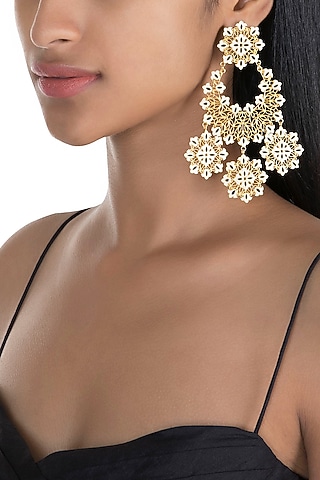 Gold Polish White & Black Enameled Floral Long Earrings by Zariin