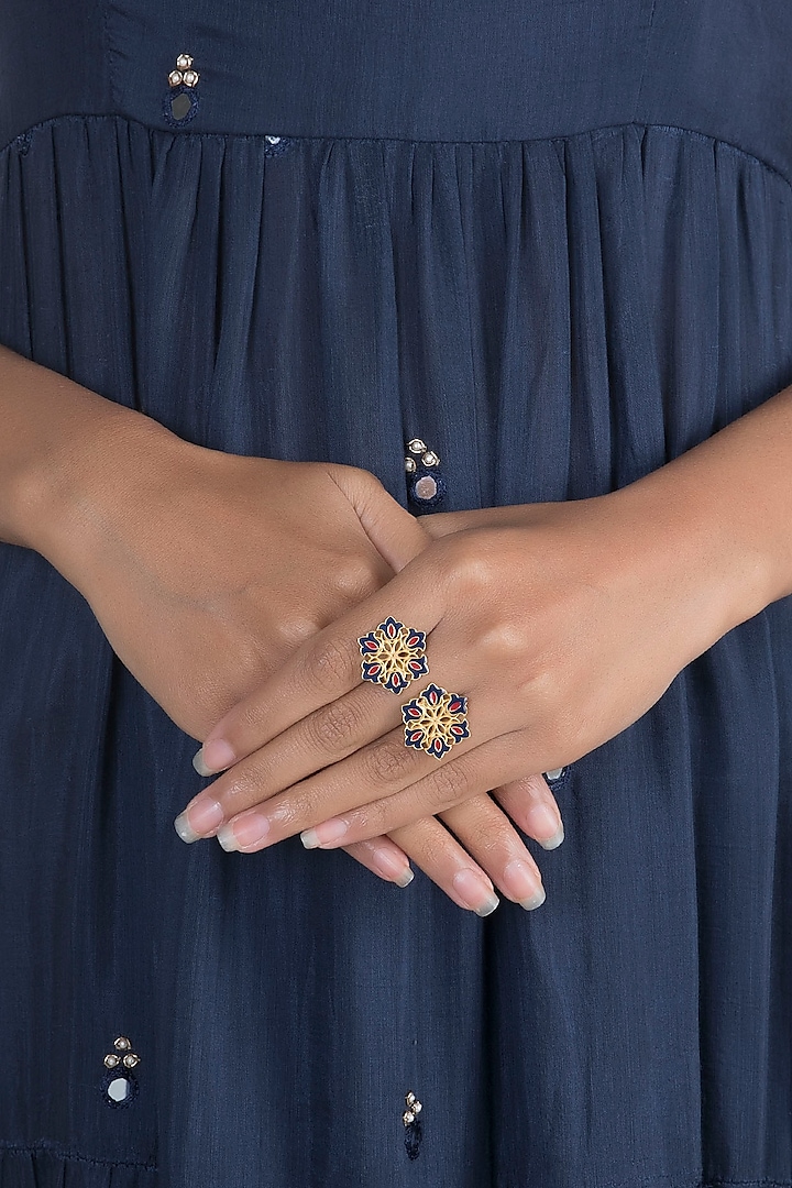Gold Polish Enameled Floral Ring by Zariin