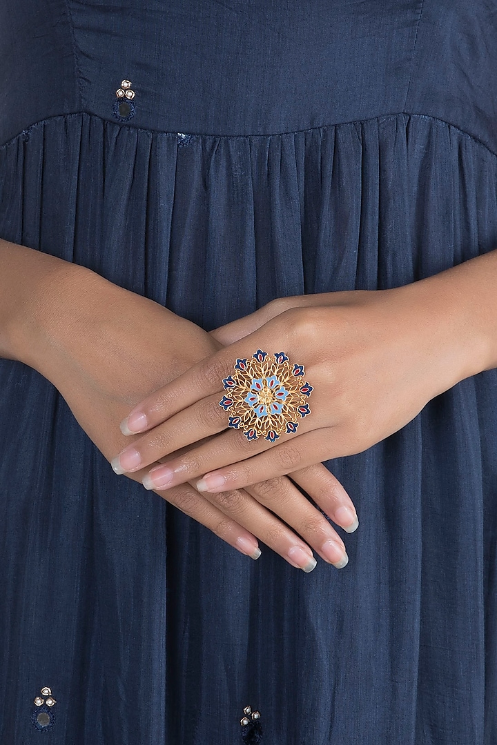 Gold Polish Enameled Floral Statement Ring by Zariin