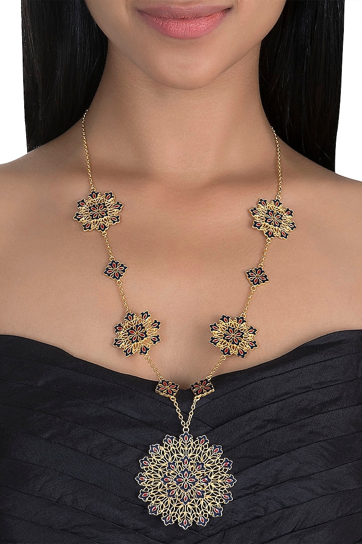 Gold Polish Enameled Floral Pendant Necklace by Zariin