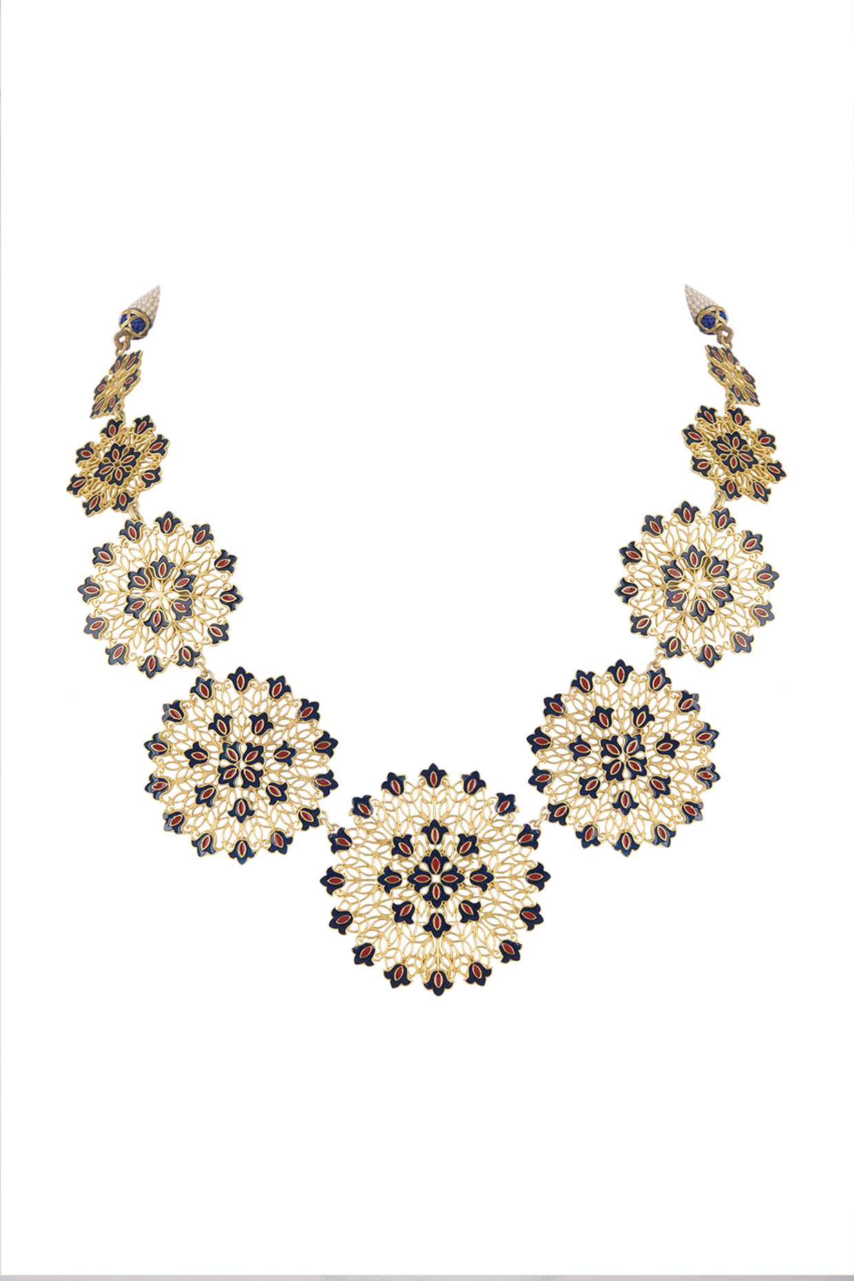 Gold Polish Enameled Floral Necklace by Zariin