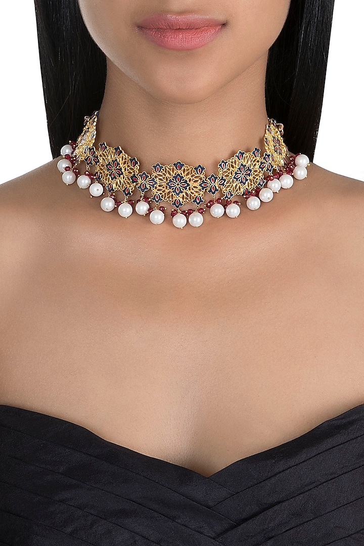 Gold Polish Enameled Pearl Choker Necklace by Zariin