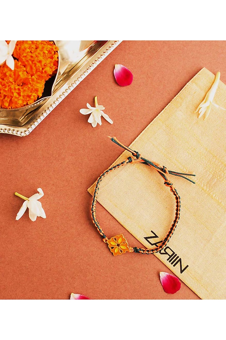 Gold Plated Orange Meenakari Rakhi by Zariin