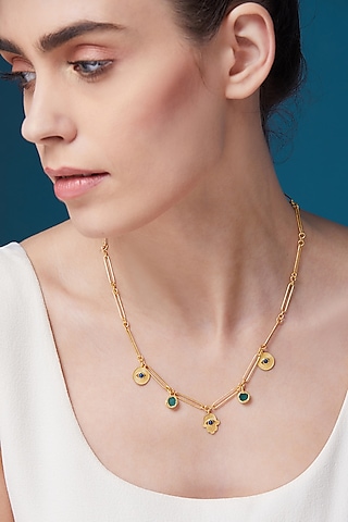 Golden Evil Eye Necklace With Bracelet In Gift Box by Zariin