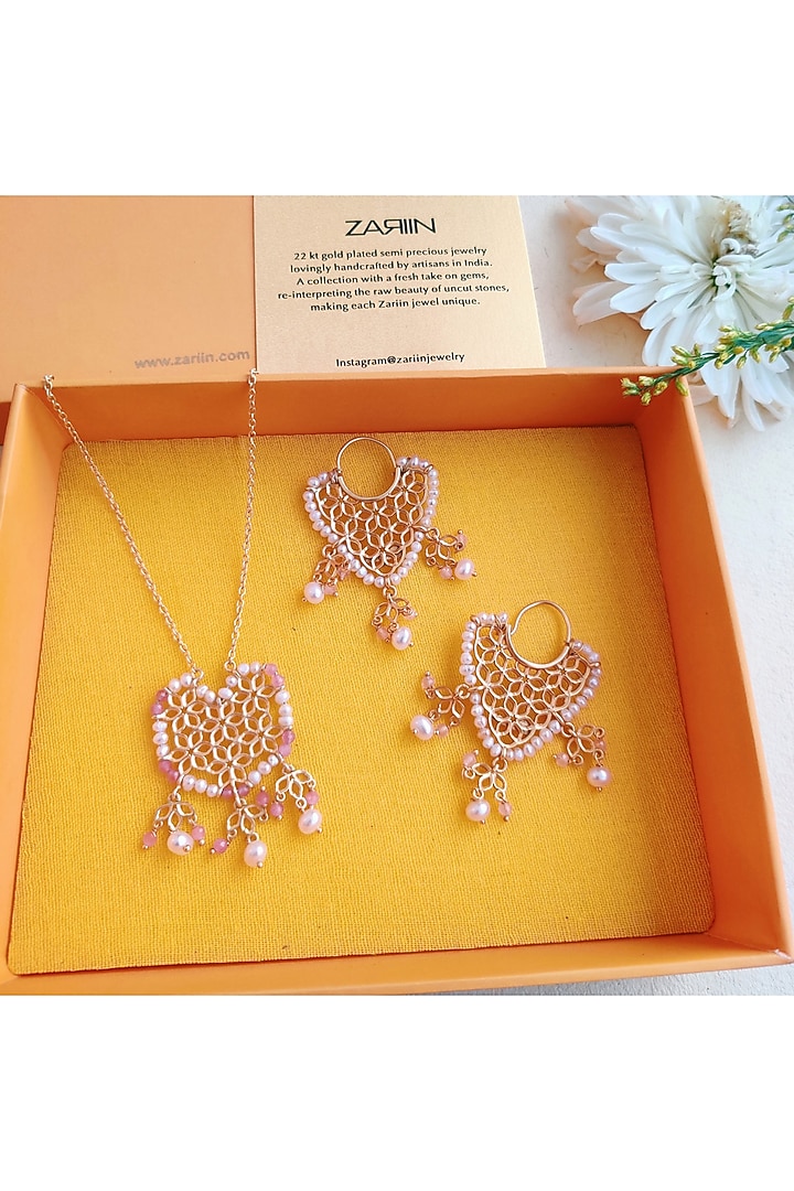 Gold Plated Pearl Long Necklace Set In Gift Box by Zariin at Pernia's Pop Up Shop