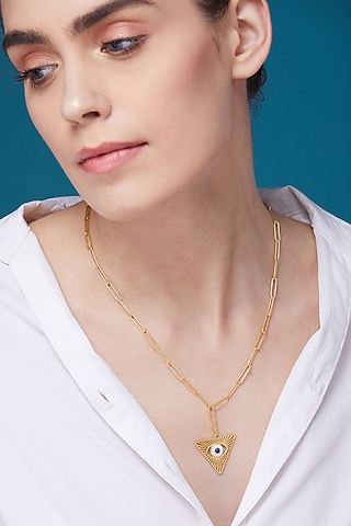 Gold Plated Evil Eye Pendant Necklace Set In Gift Box by Zariin