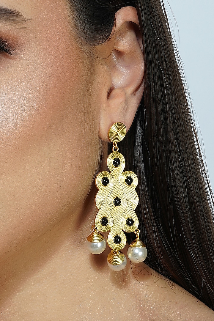 Gold Plated Black Onyx & Freshwater Pearl Chandbaali Earrings by Zariin