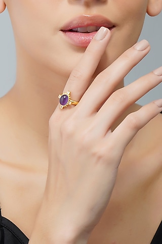 Gold Plated Multi Stone Adjustable Ring with 7 Interchangeable Stones by Zariin