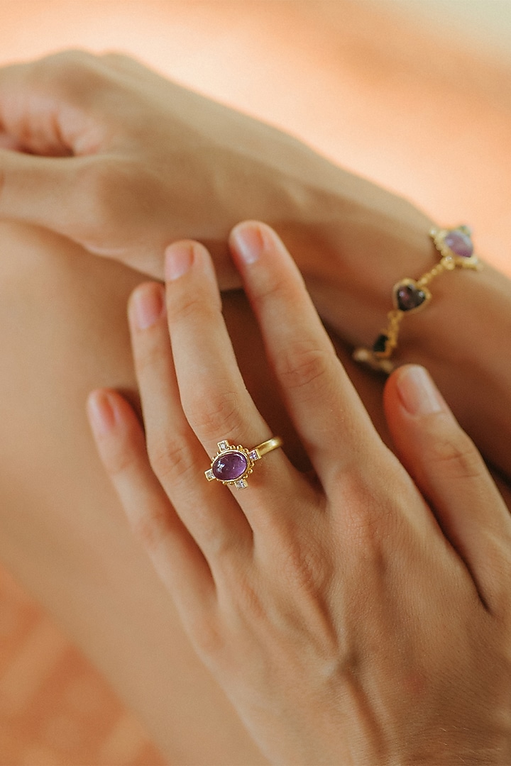 Gold Plated Multi Stone Adjustable Ring with 7 Interchangeable Stones by Zariin at Pernia's Pop Up Shop