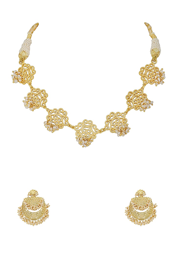 Gold Finish Choker Necklace Set With Pearls by Zariin at Pernia's Pop Up Shop