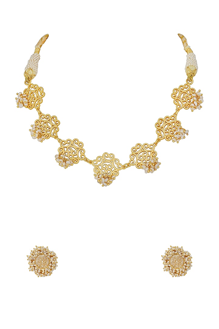 Gold Finish Pearl Choker Necklace Set by Zariin at Pernia's Pop Up Shop