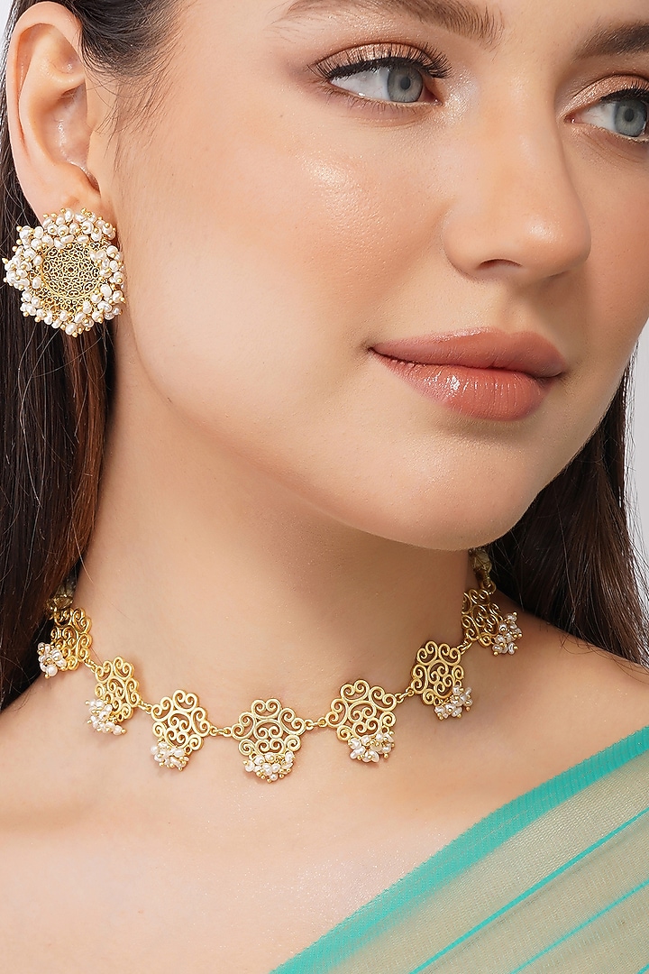 Gold Finish Pearl Choker Necklace Set by Zariin at Pernia's Pop Up Shop