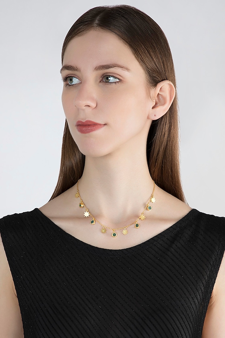 Gold Plated Green Chalcedony Stone Necklace by Zariin