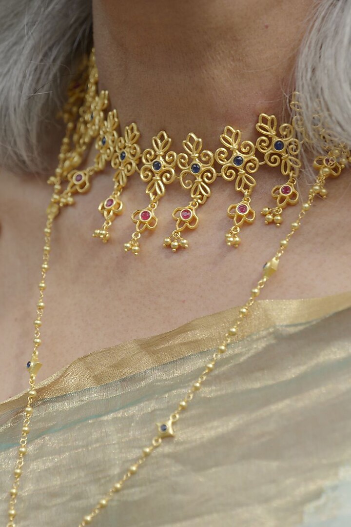 Gold Plated Blue & Red Cubic Zirconia Choker Necklace by Zariin at Pernia's Pop Up Shop