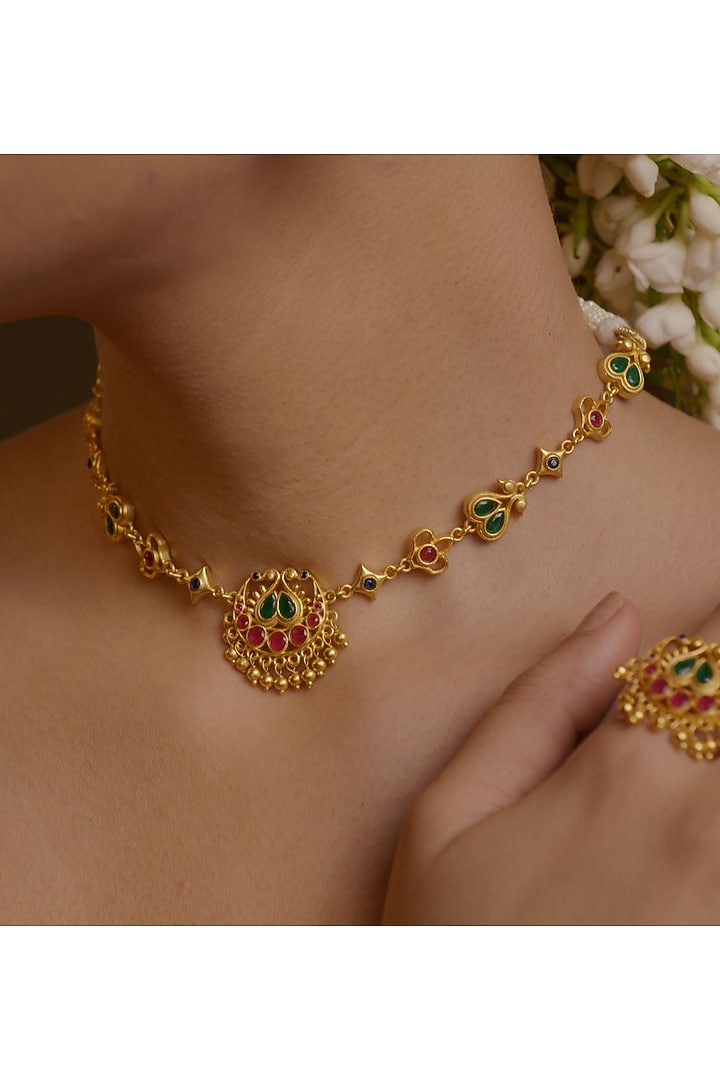 Gold Plated Emerald Green & Ruby Red Cubic Zirconia Choker Necklace by Zariin at Pernia's Pop Up Shop
