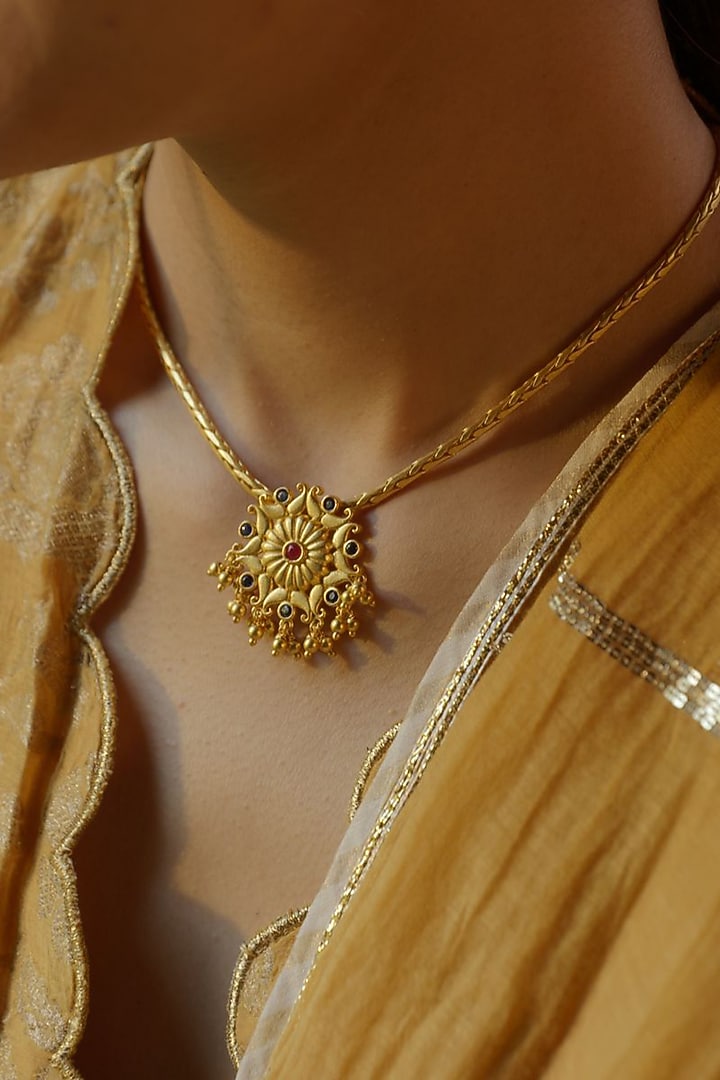 Gold Plated Blue & Red Cubic Zirconia Pendant Necklace by Zariin at Pernia's Pop Up Shop