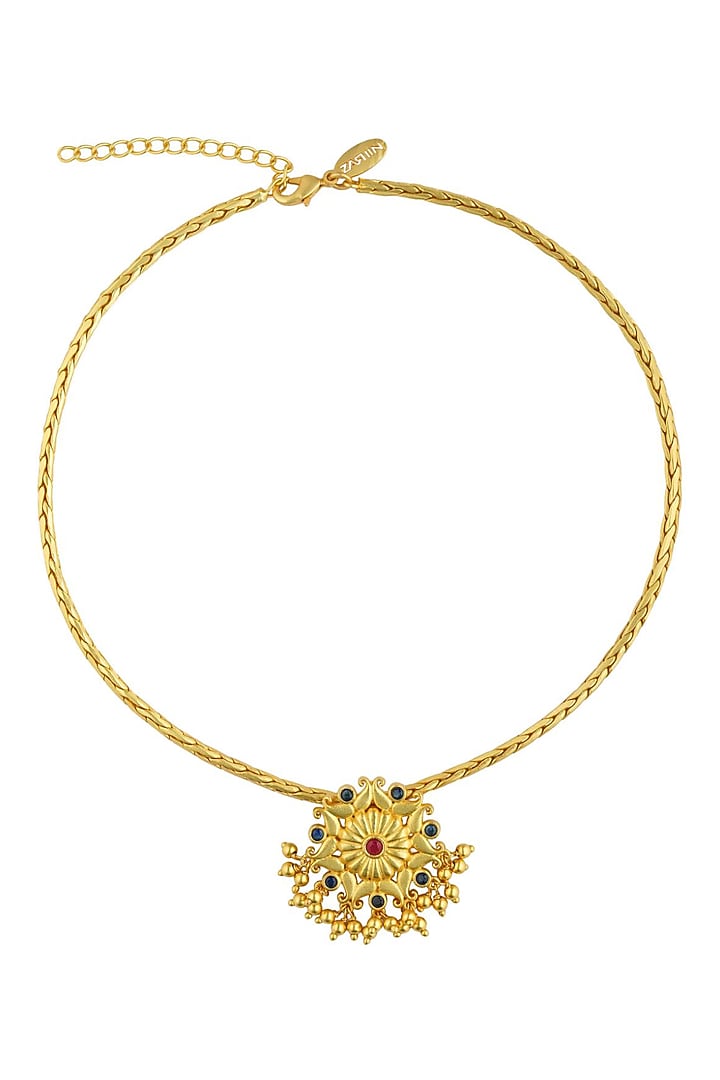 Gold Plated Blue & Red Cubic Zirconia Pendant Necklace by Zariin at Pernia's Pop Up Shop