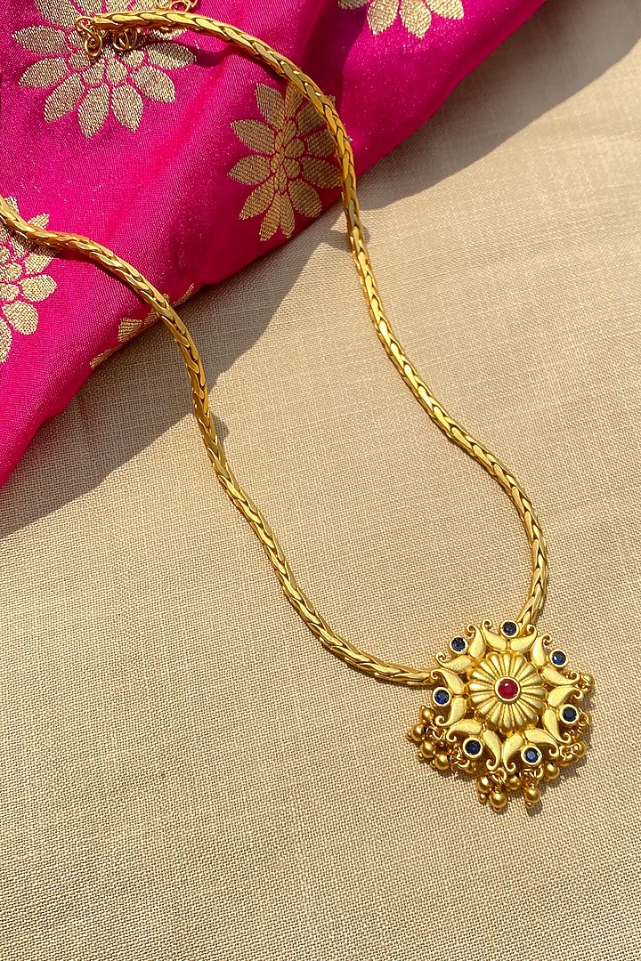 Gold Plated Blue & Red Cubic Zirconia Pendant Necklace by Zariin at Pernia's Pop Up Shop