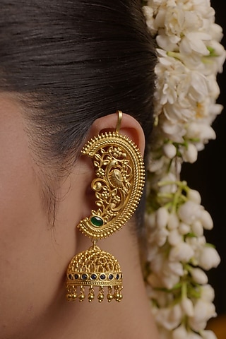 Gold Plated Cubic Zirconia & Pearl Drop Jhumka Earrings by Zariin
