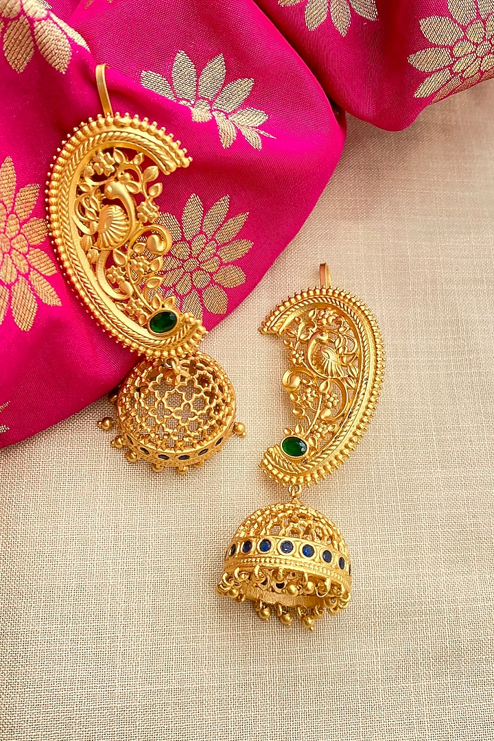 Gold Plated Cubic Zirconia & Pearl Drop Jhumka Earrings by Zariin at Pernia's Pop Up Shop