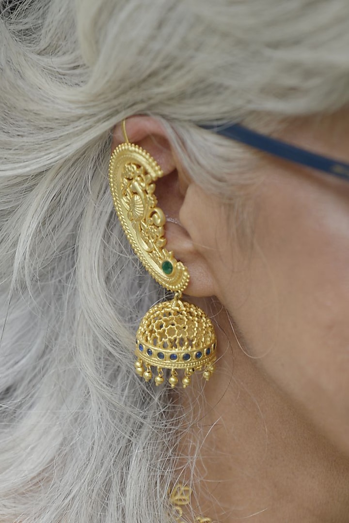 Gold Plated Cubic Zirconia & Pearl Drop Jhumka Earrings by Zariin at Pernia's Pop Up Shop