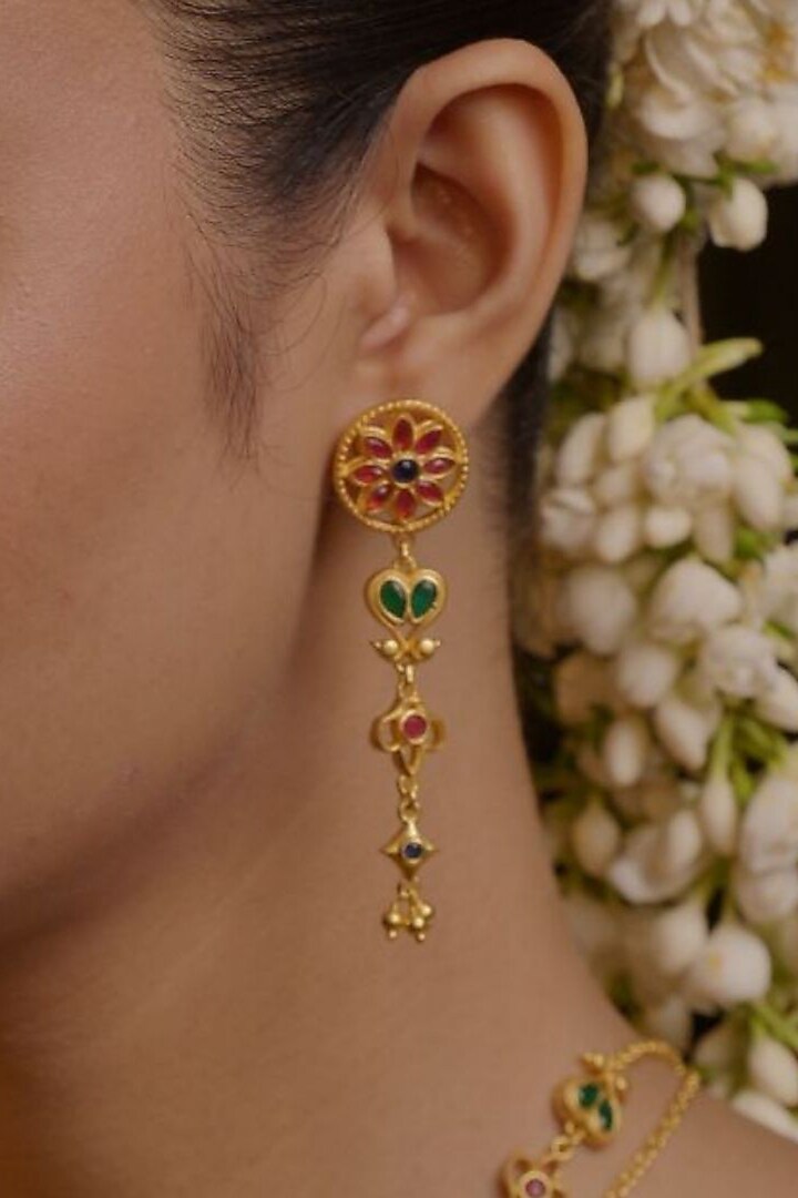 Gold Plated Cubic Zirconia Floral Dangler Earrings by Zariin at Pernia's Pop Up Shop