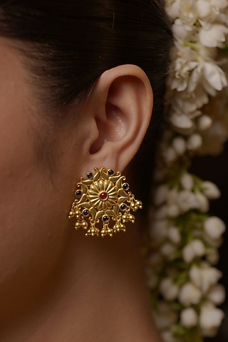 Gold Plated Cubic Zirconia & Bead Drop Floral Dangler Earrings by Zariin
