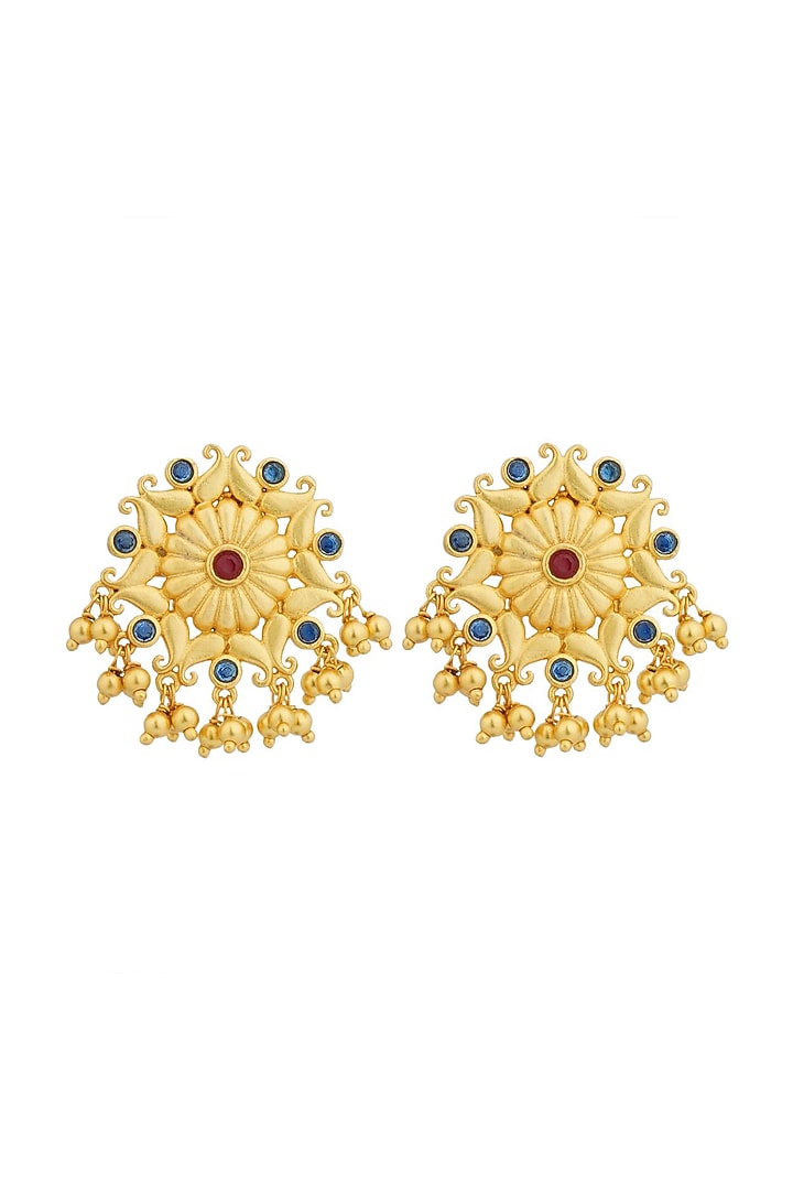 Gold Plated Cubic Zirconia & Bead Drop Floral Dangler Earrings by Zariin at Pernia's Pop Up Shop