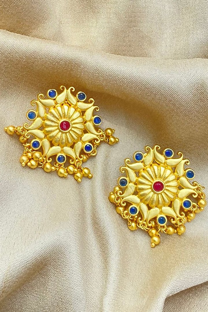 Gold Plated Cubic Zirconia & Bead Drop Floral Dangler Earrings by Zariin at Pernia's Pop Up Shop