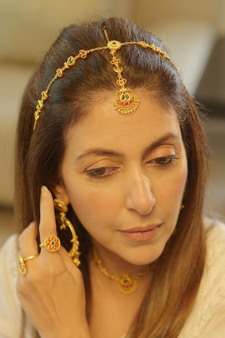 Gold Plated Cubic Zirconia Maangtikka & Mathapatti Gift Box (Set Of 2) by Zariin at Pernia's Pop Up Shop