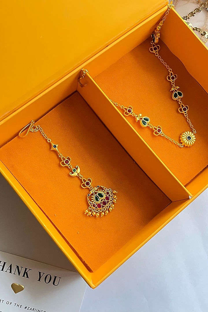 Gold Plated Cubic Zirconia Maangtikka & Mathapatti Gift Box (Set Of 2) by Zariin at Pernia's Pop Up Shop