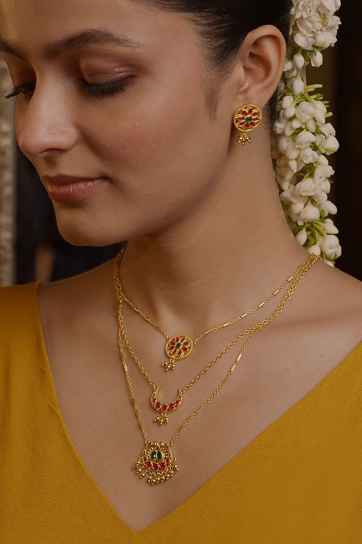 Gold Plated Cubic Zirconia Layered Necklace Gift Box (Set Of 3) by Zariin at Pernia's Pop Up Shop