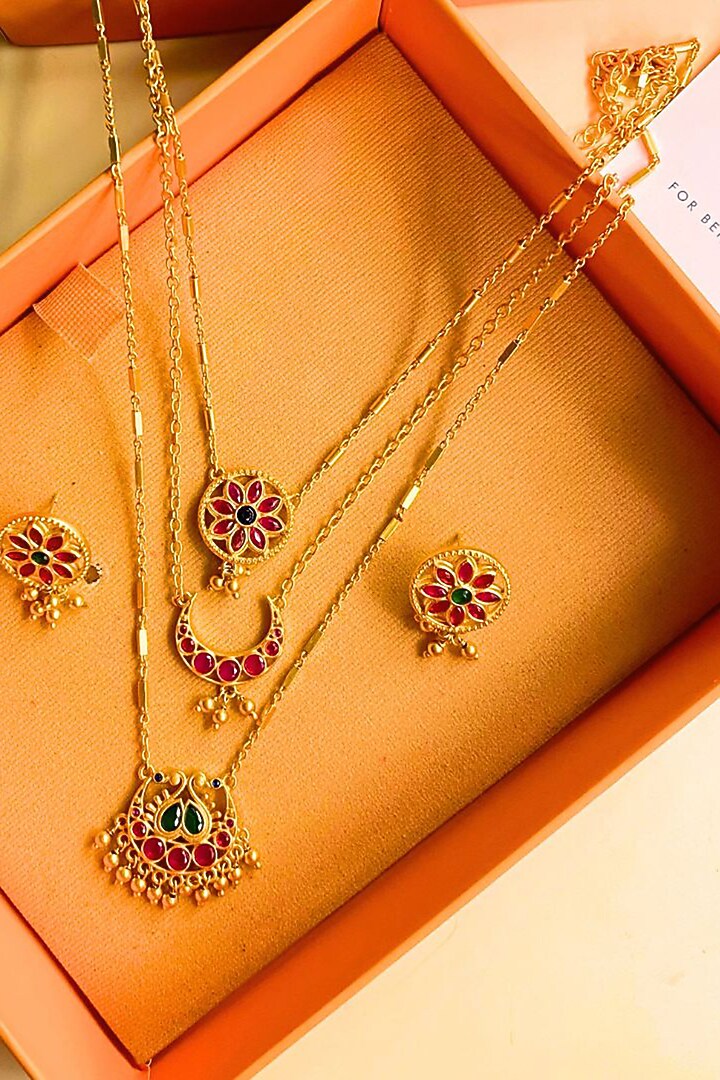 Gold Plated Cubic Zirconia Layered Necklace Gift Box (Set Of 3) by Zariin at Pernia's Pop Up Shop