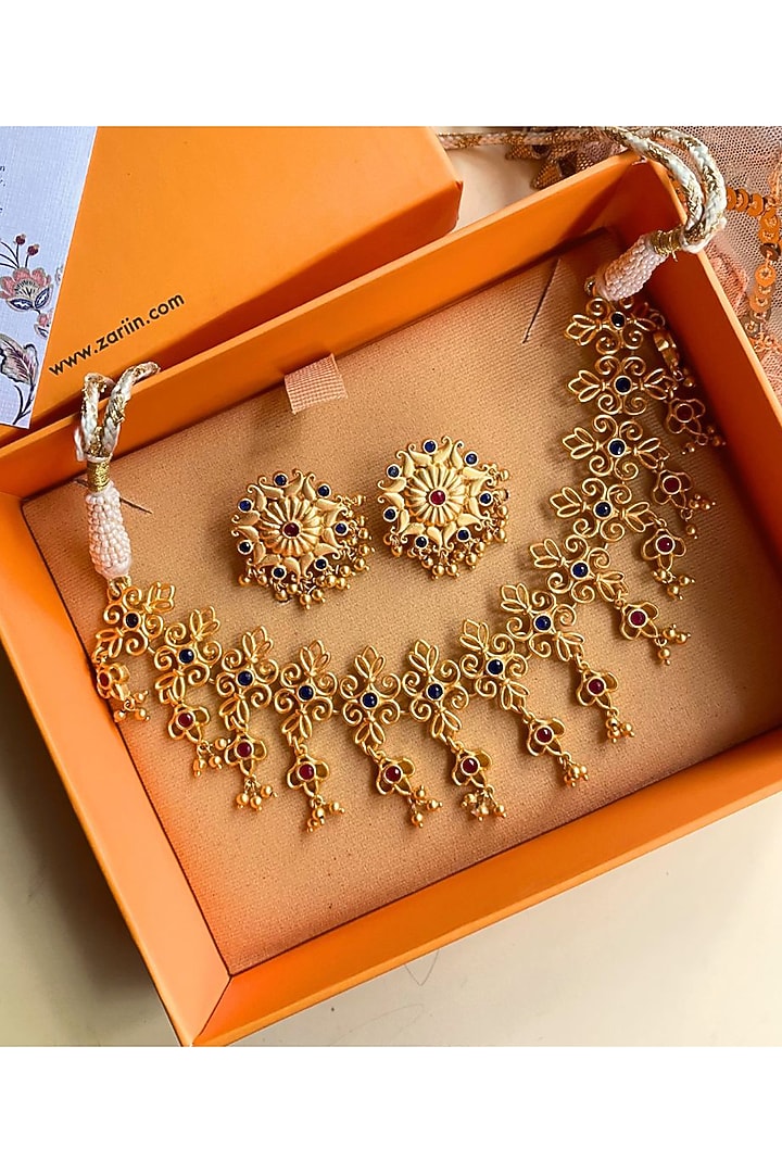 Gold Plated Cubic Zirconia Choker Necklace Gift Box (Set Of 3) by Zariin at Pernia's Pop Up Shop