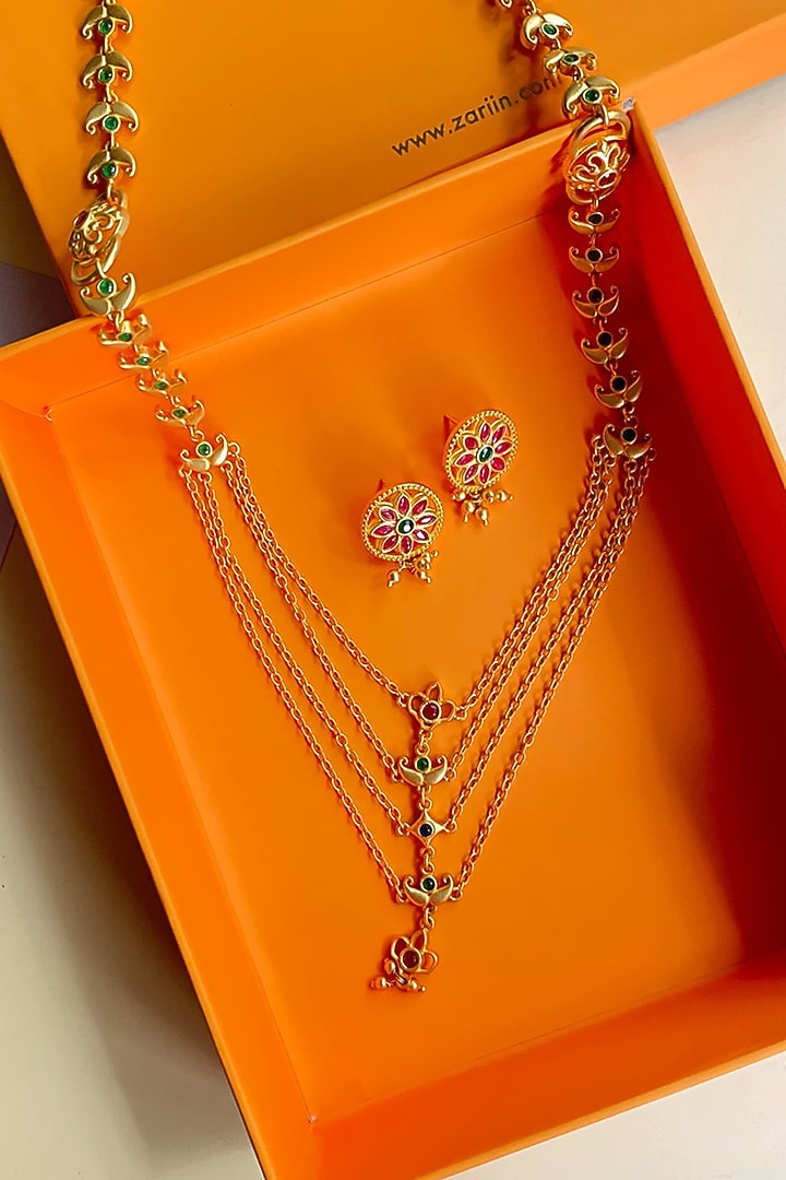 Gold Plated Cubic Zirconia Layered Necklace Gift Box (Set Of 3) by Zariin at Pernia's Pop Up Shop
