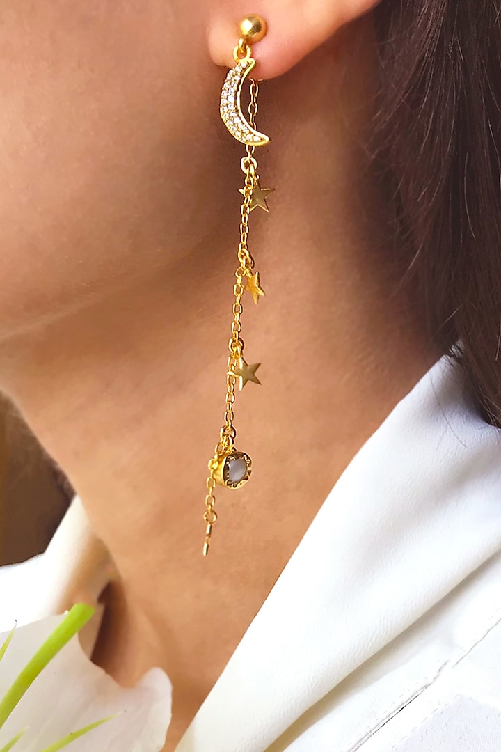 Gold Plated Star Dangler Earrings by Zariin