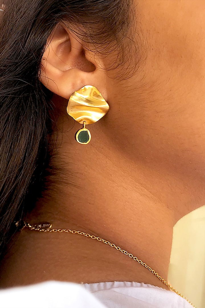 Gold Plated Earrings With Green Stone by Zariin