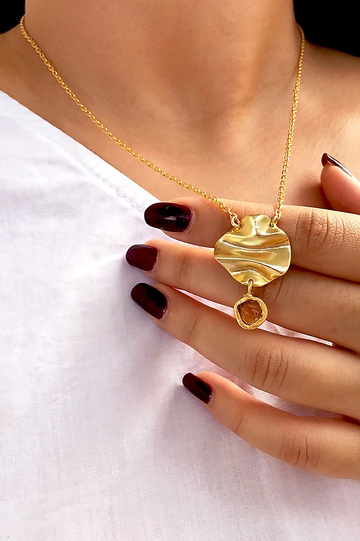 Gold Plated Shield Citrine Pendant Necklace by Zariin