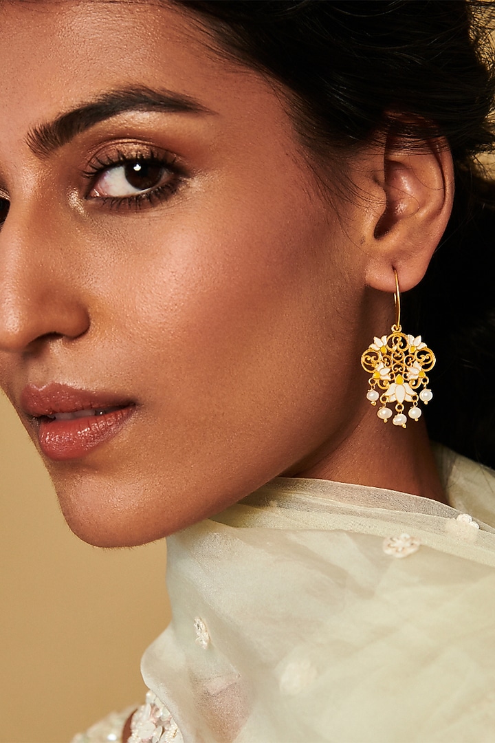 Gold Plated Motif & Pearl Drop Earrings by Zariin at Pernia's Pop Up Shop