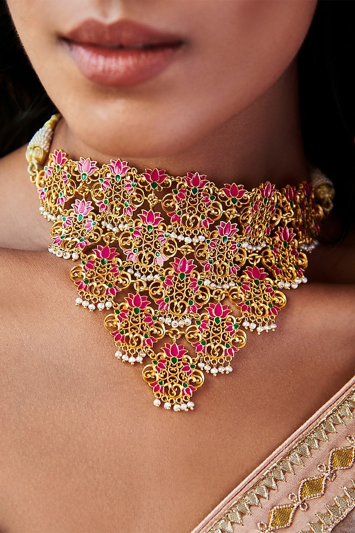Gold Plated Choker Necklace With Lotus Motifs by Zariin at Pernia's Pop Up Shop