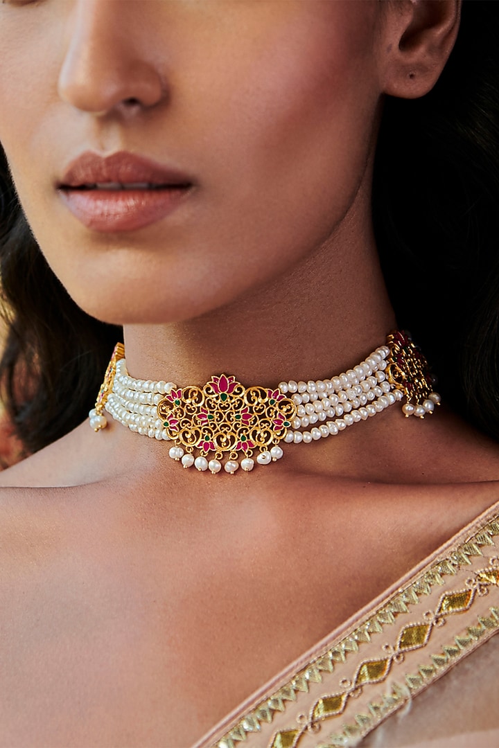 Gold Plated Choker Necklace With Pearls by Zariin at Pernia's Pop Up Shop