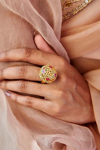 Gold Plated Pearl & Enamel Dome Ring by Zariin