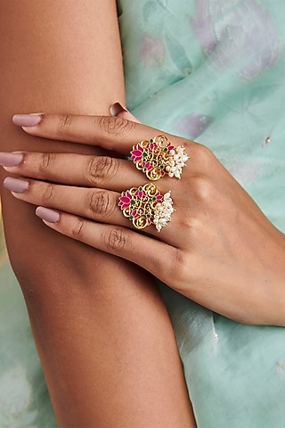 Gold Plated Enamel & Pearl Open Ring by Zariin