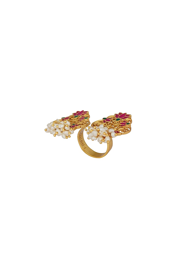 Gold Plated Enamel & Pearl Open Ring by Zariin at Pernia's Pop Up Shop