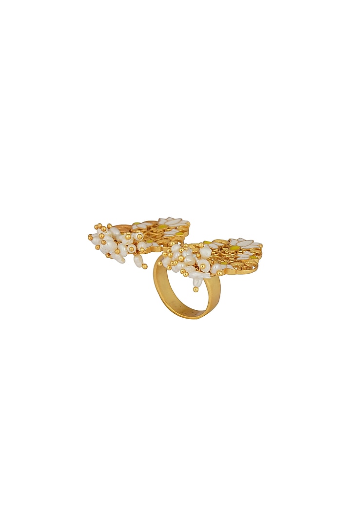 Gold Plated Pearl & Enamel Open Ring by Zariin at Pernia's Pop Up Shop