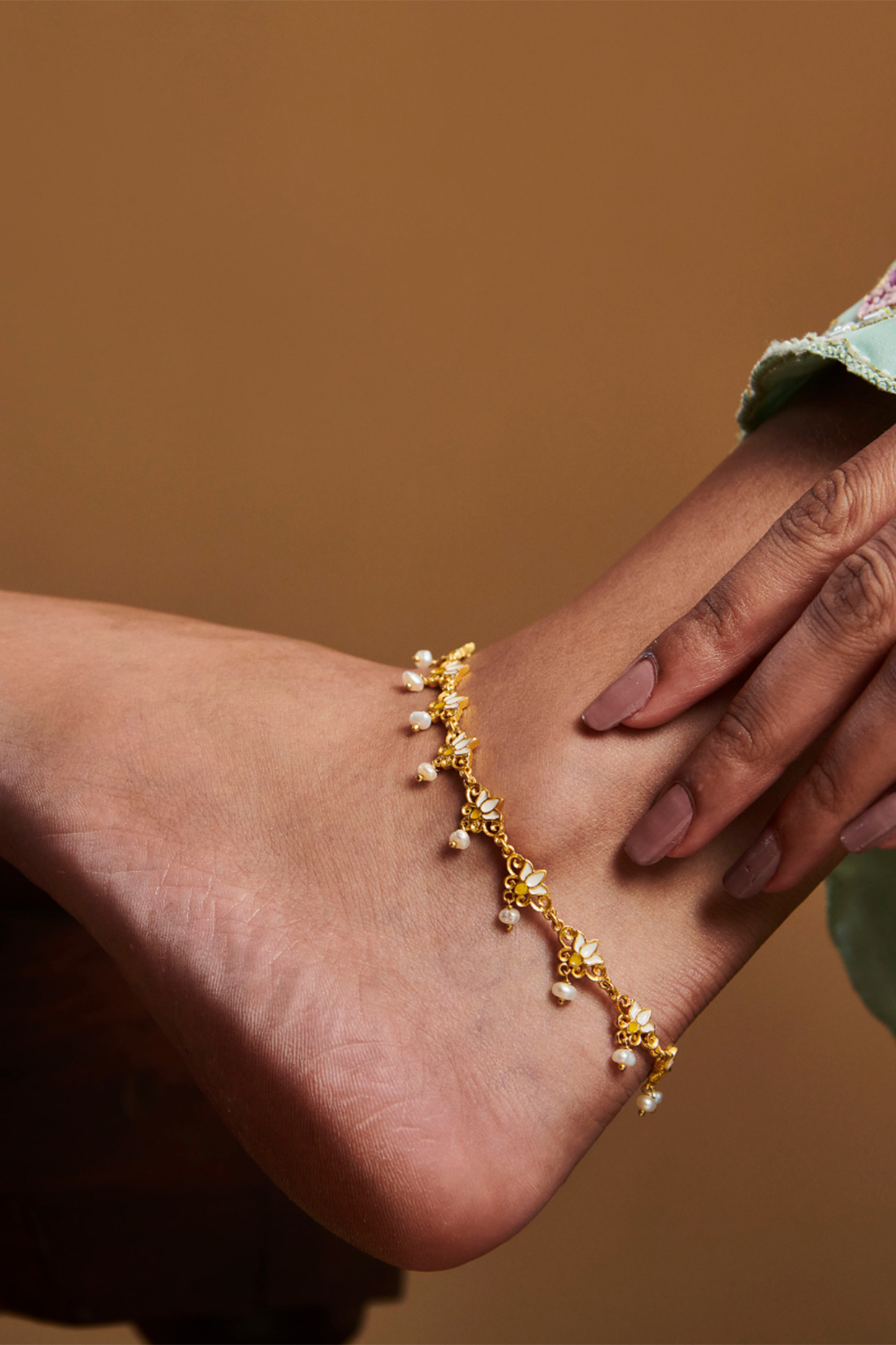 Gold Plated Pearl & Enamel Anklet by Zariin at Pernia's Pop Up Shop