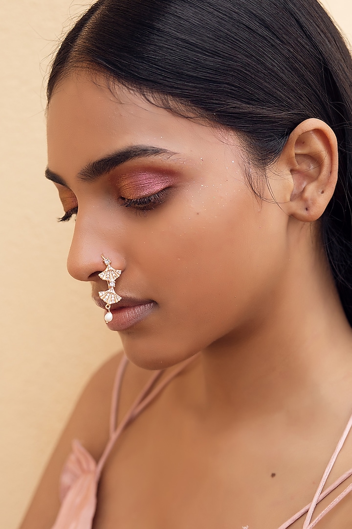 Rose Gold Finish CZ & Pearl Nose Ring by Zariin