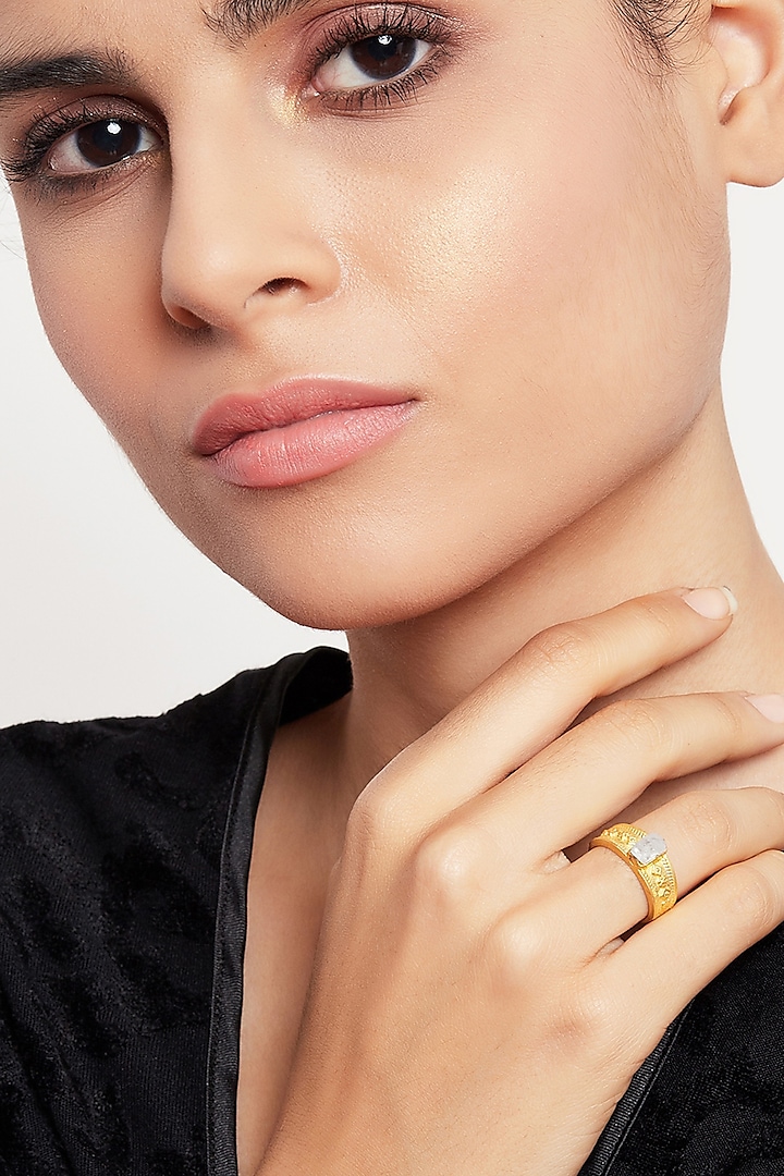 Gold Plated Ring Studded With Moon Stone by Zariin