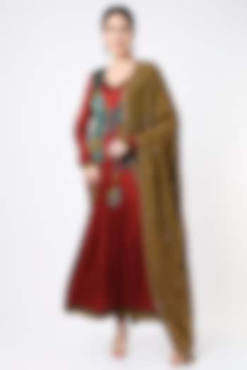 Dark Rust Embroidered Anarkali Set With Waistcoat by Zariya The Label