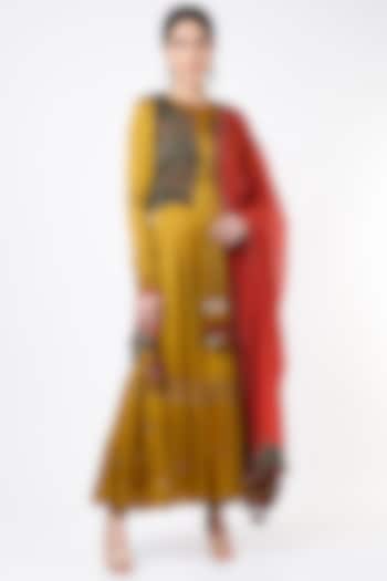 Mustard Embroidered Anarkali Set With Waiscoat by Zariya The Label